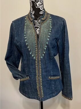 Chicos Embellished Denim Jacket with Turquoise Beading